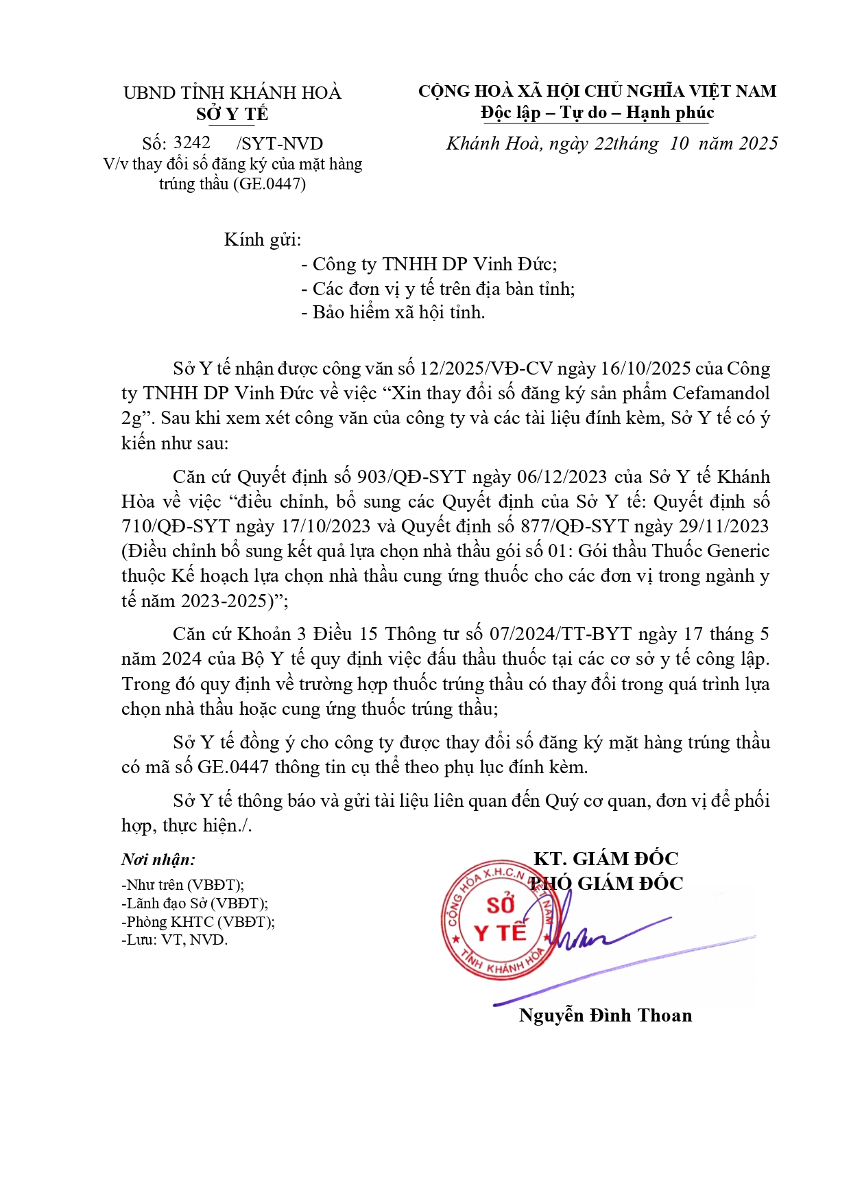 V/v thay đổi số đăng ký của mặt hàng trúng thầu (GE.0447)